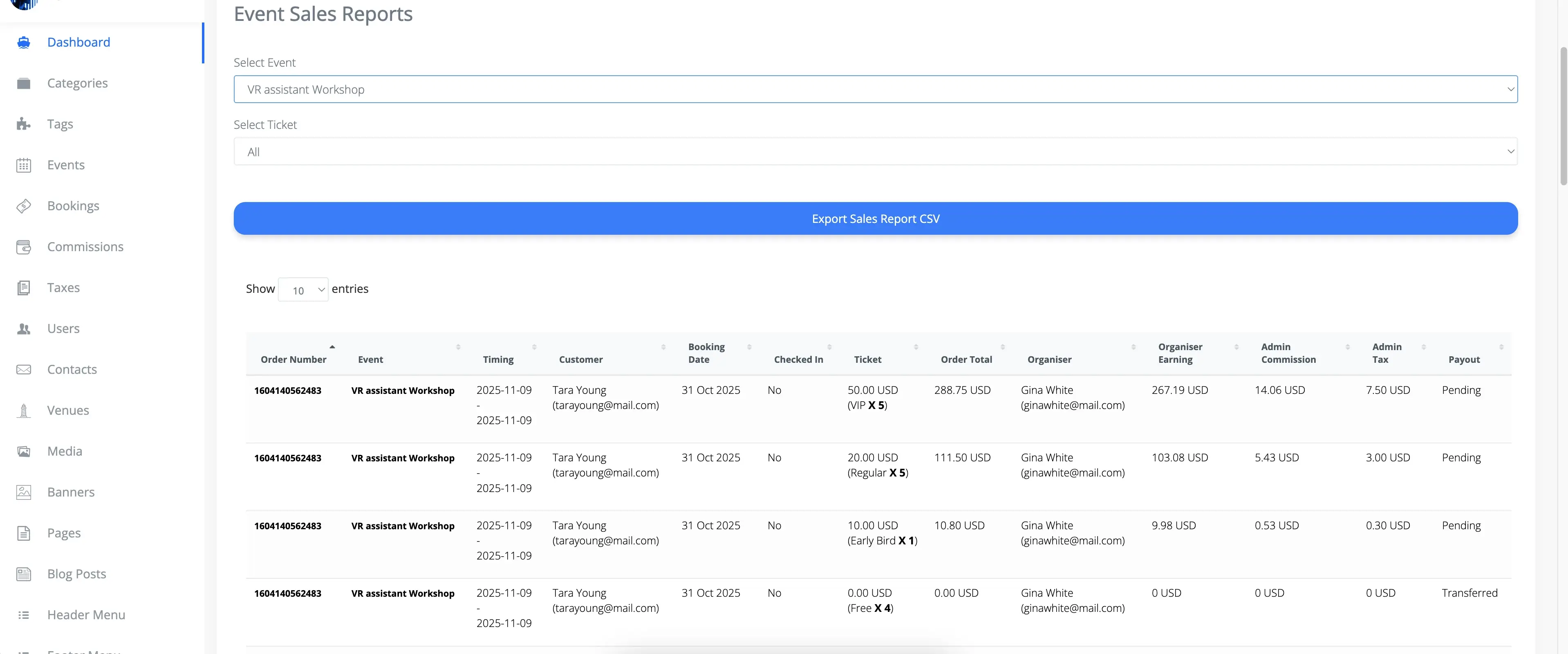 EVENT SALES REPORT Table with Event Filter