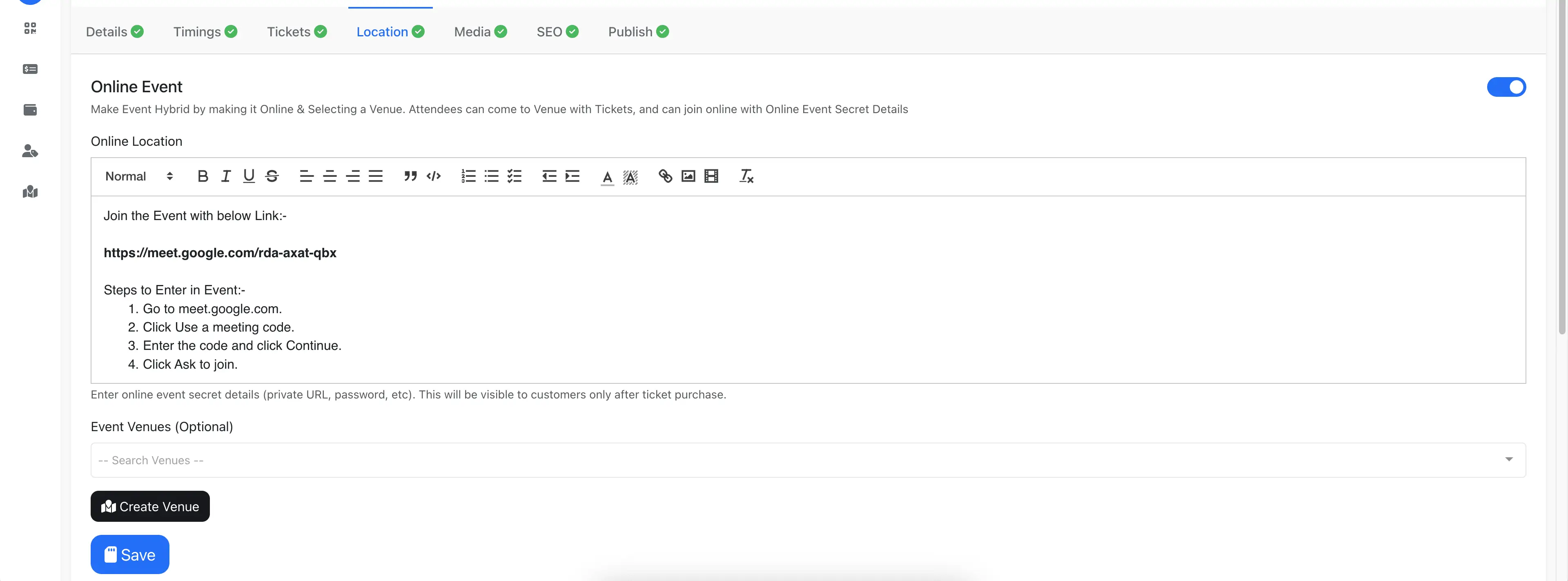 Enter online location