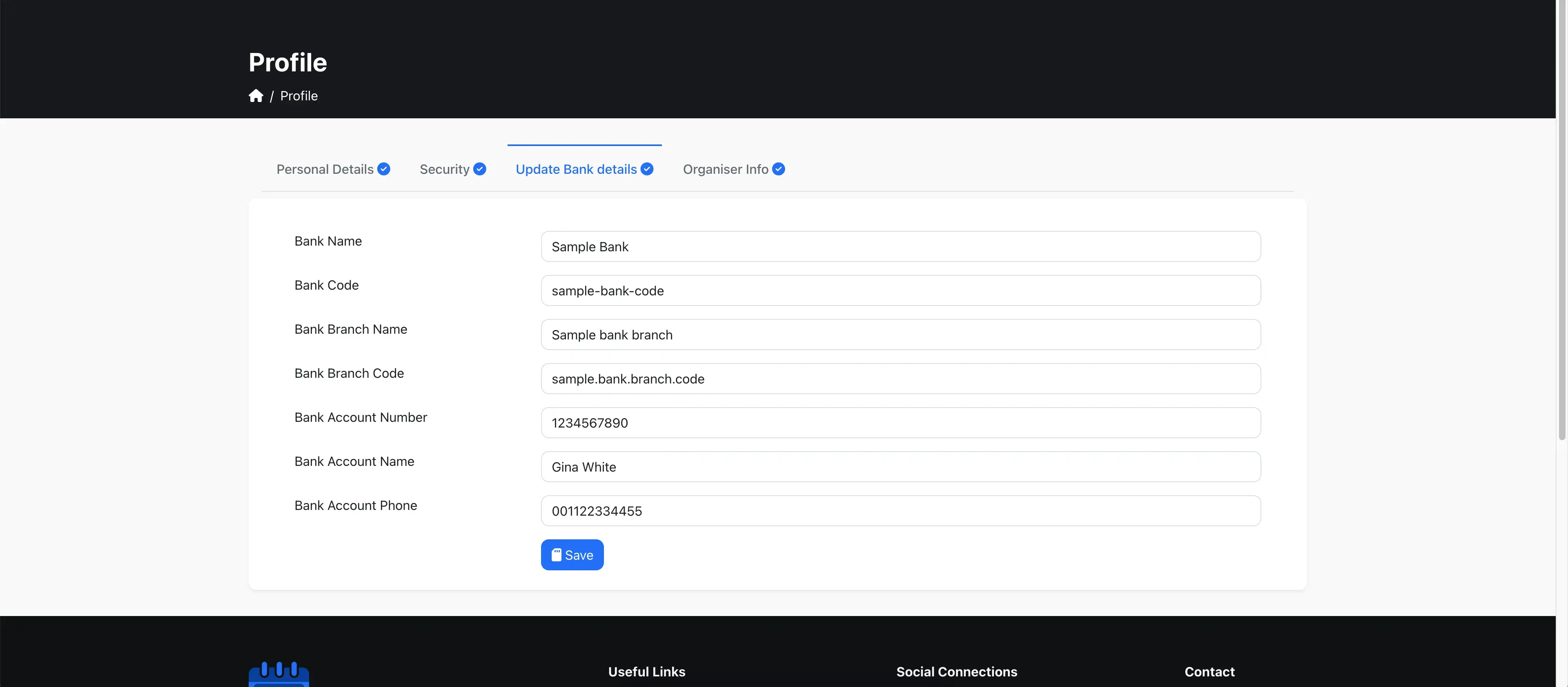 Organizer bank details
